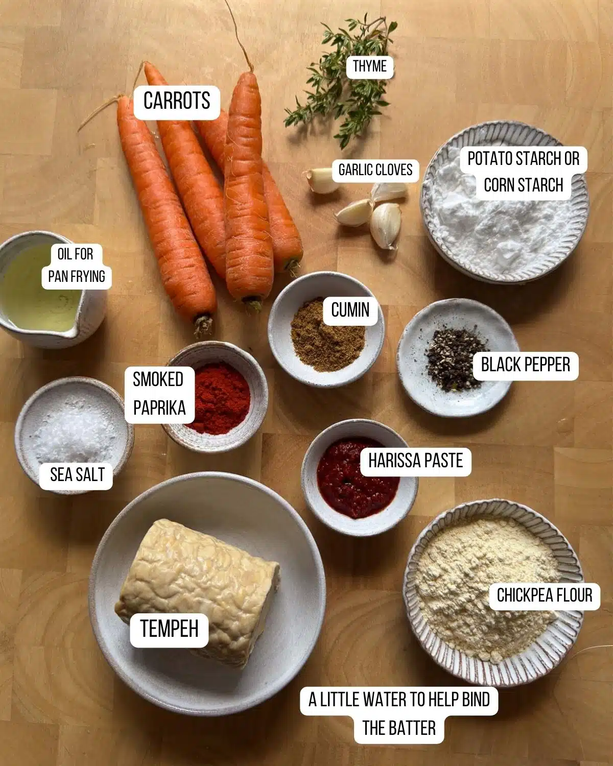 Ingredients for the Carrot and Tempeh fritters laid out ready to use.