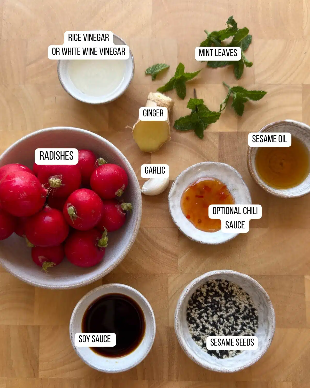 Ingredients for the radish salad laid out ready to use.