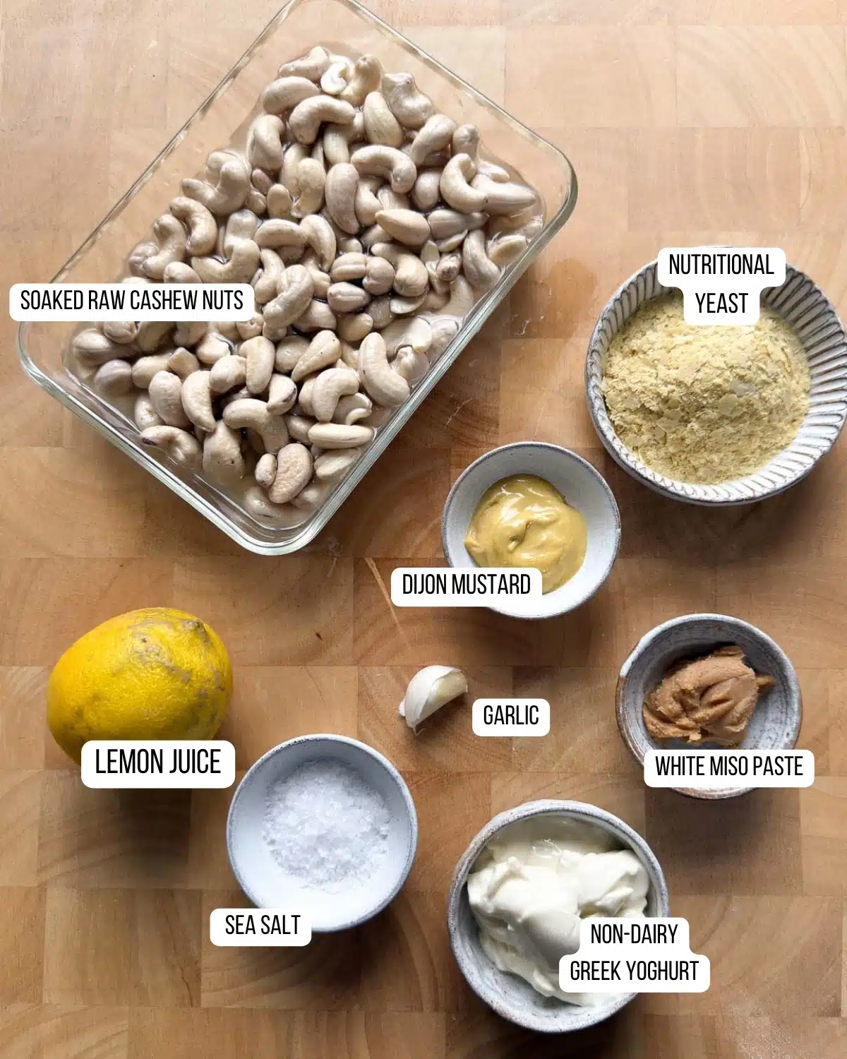 Ingredients for the vegan cashew cream cheese laid out ready to use.