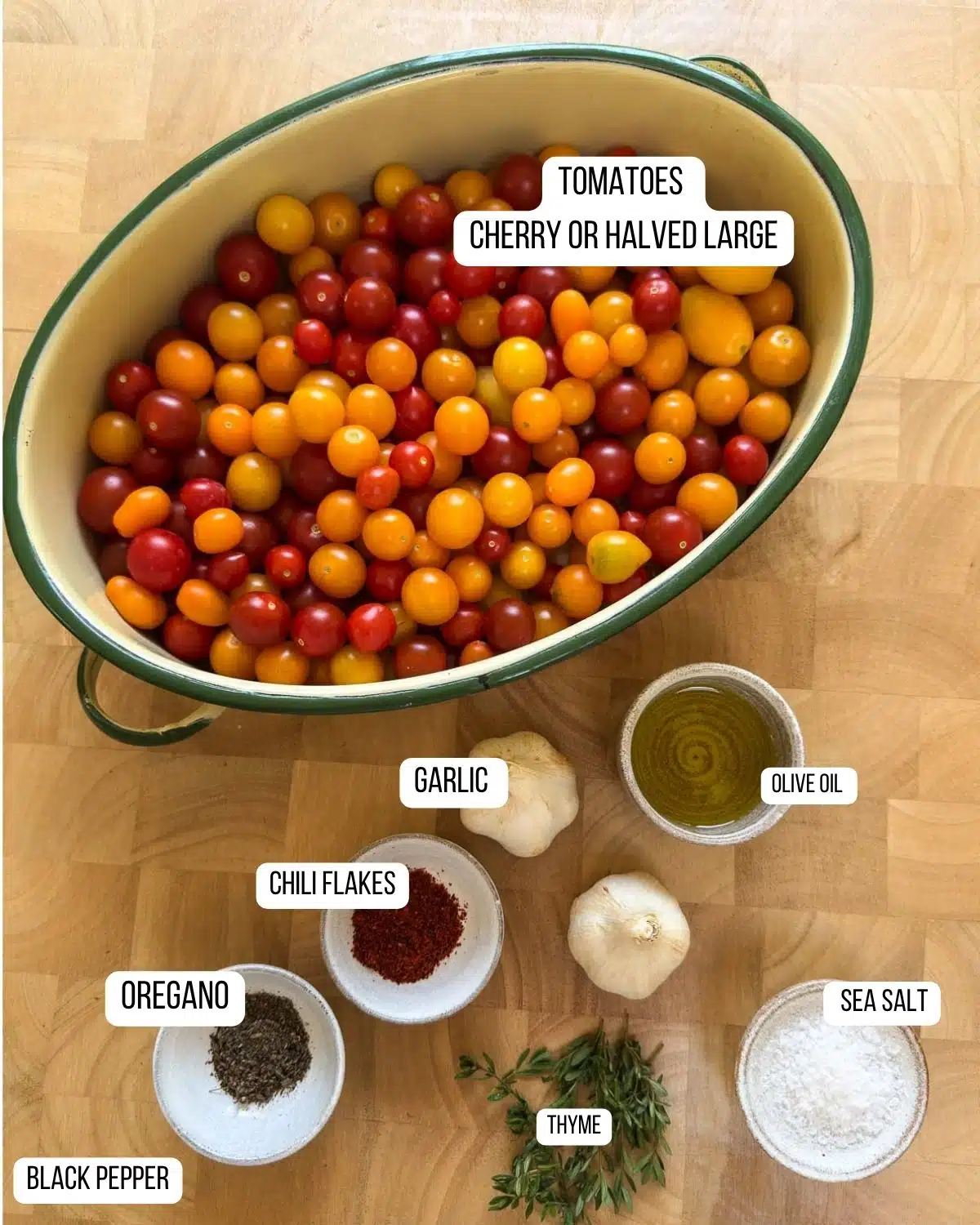 Ingredients for the roasted tomato pasta sauce laid out ready to use.