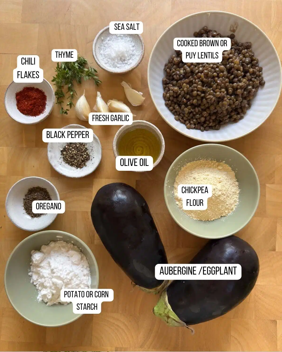 Ingredients for the lentil eggplant meatballs laid out ready to use.