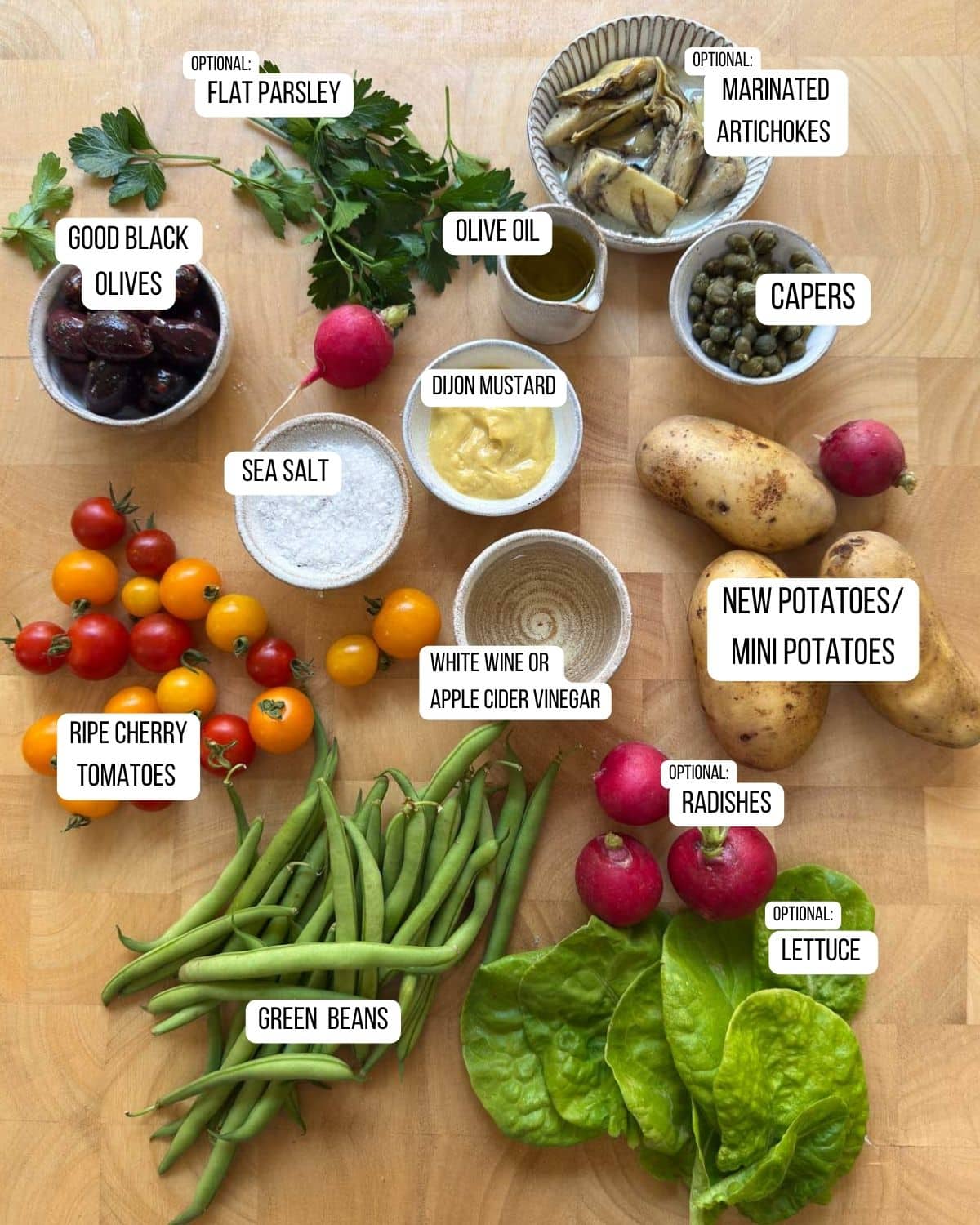 Ingredients for the salad nicoise laid out ready to use.