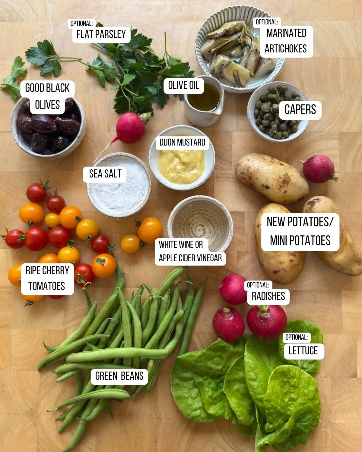 Ingredients for the salad nicoise laid out ready to use.