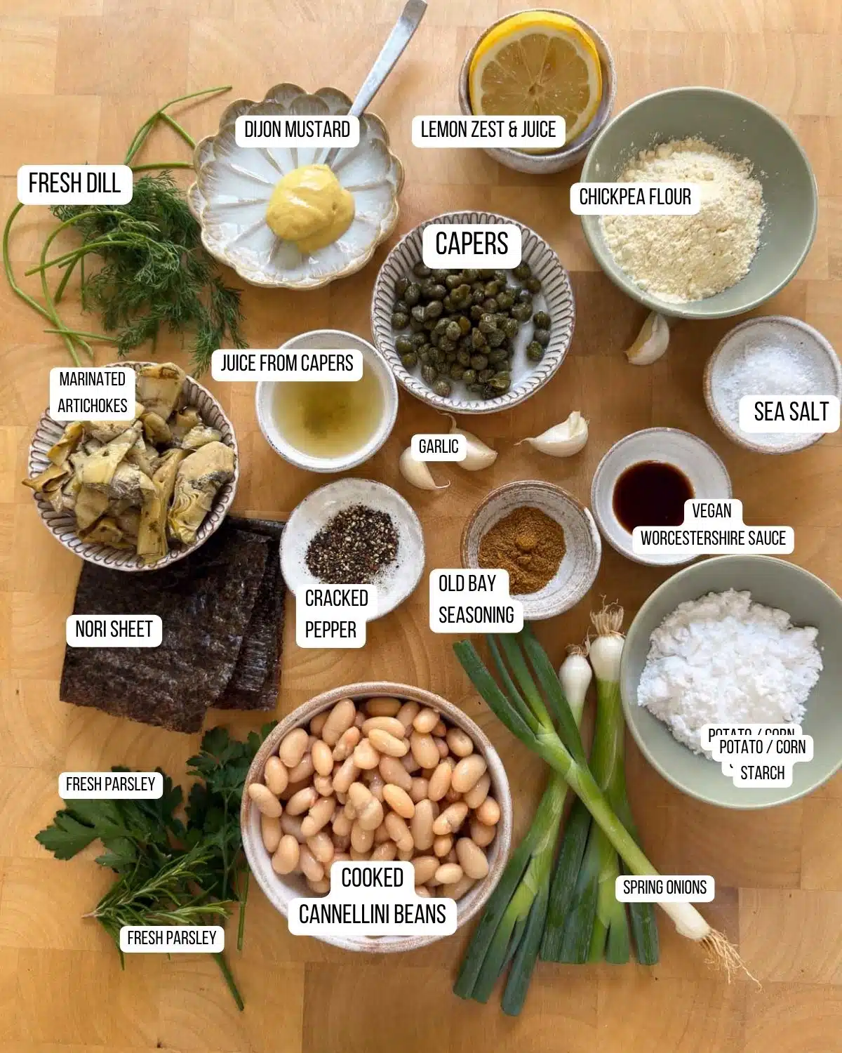 Ingredients for the vegan crab cakes laid out ready to use.