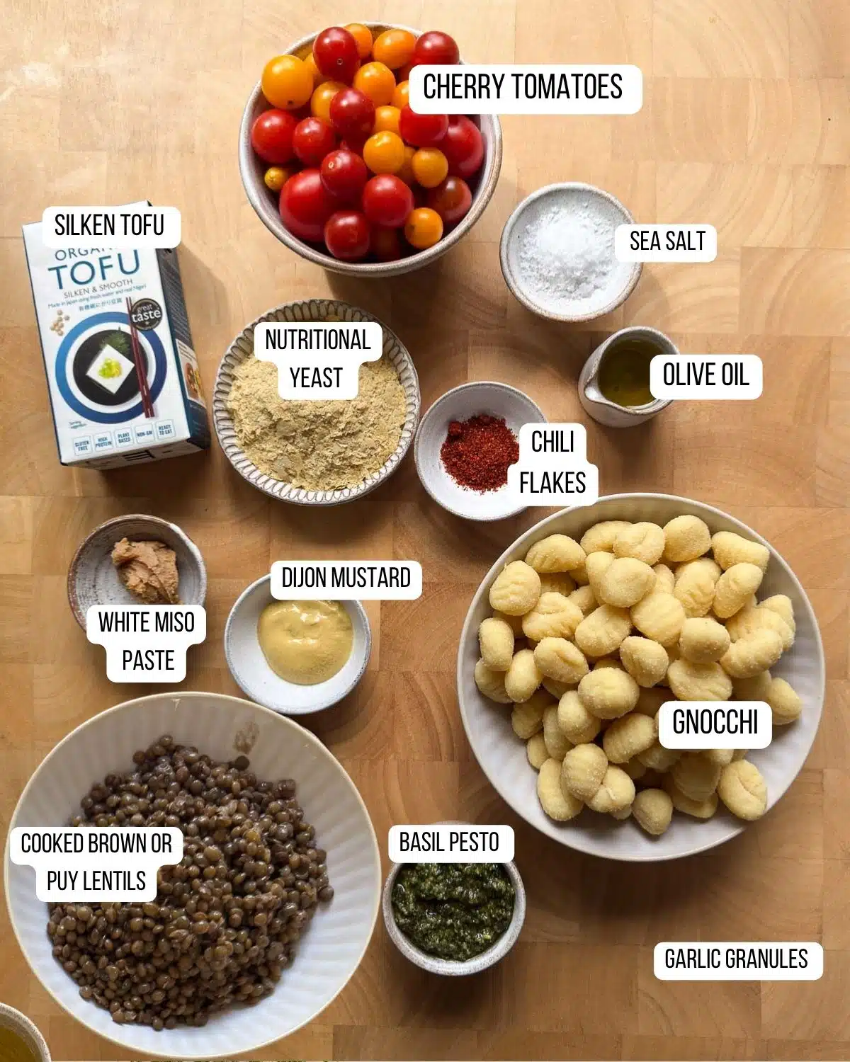 Key Ingredients for the gnocchi lentil bake.