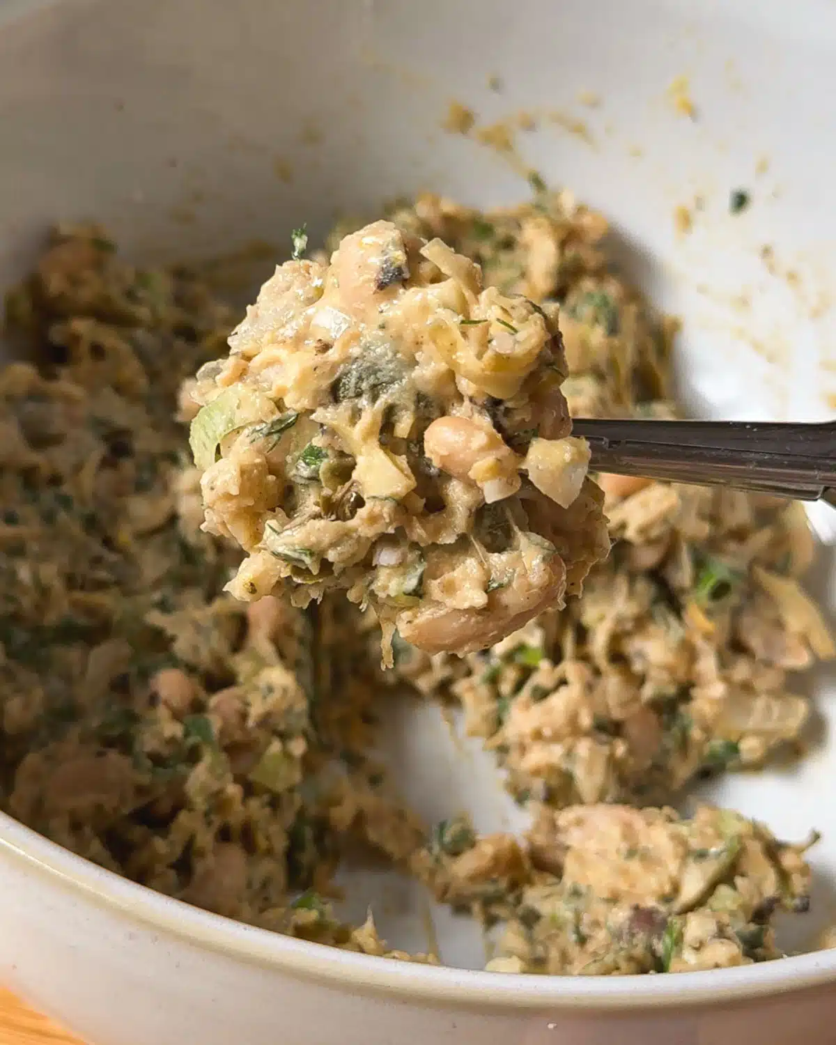 The crab cake mixture texture once it is mixed and ready to pan fry or bake.