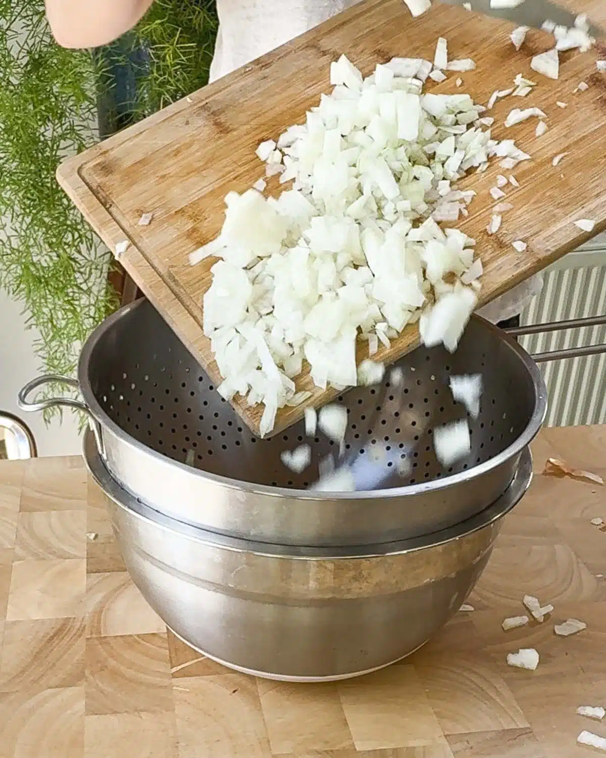 Finely chop onions and leave to drain in a colander.
