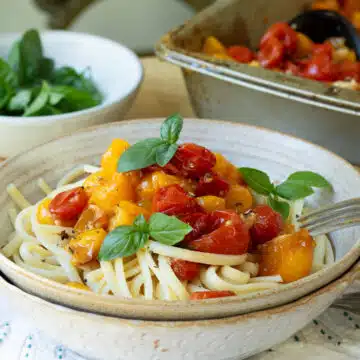 A bowl of pasta with roasted tomato pasta sauce on top.