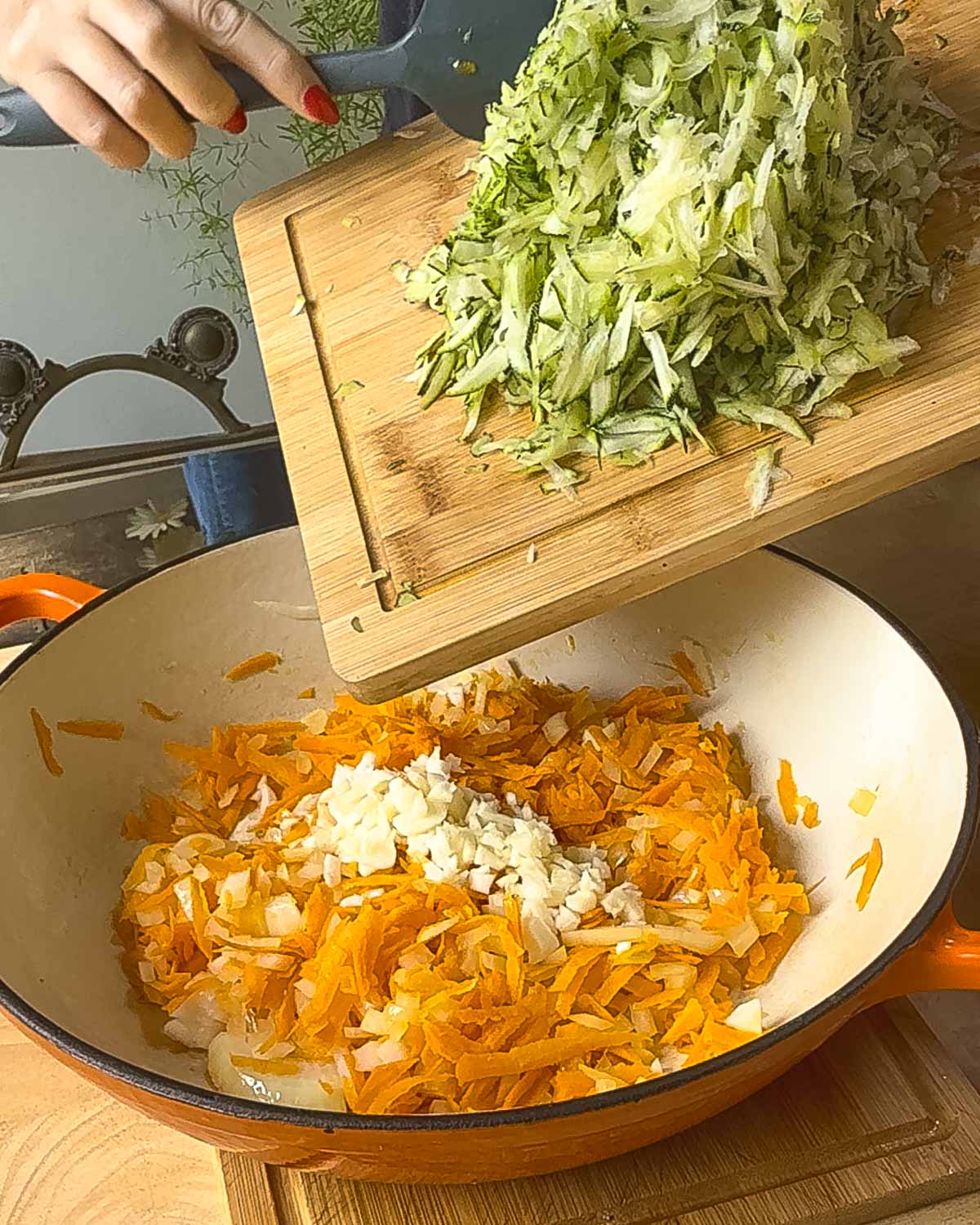 Cook down the carrots and onions. Add the courgette.