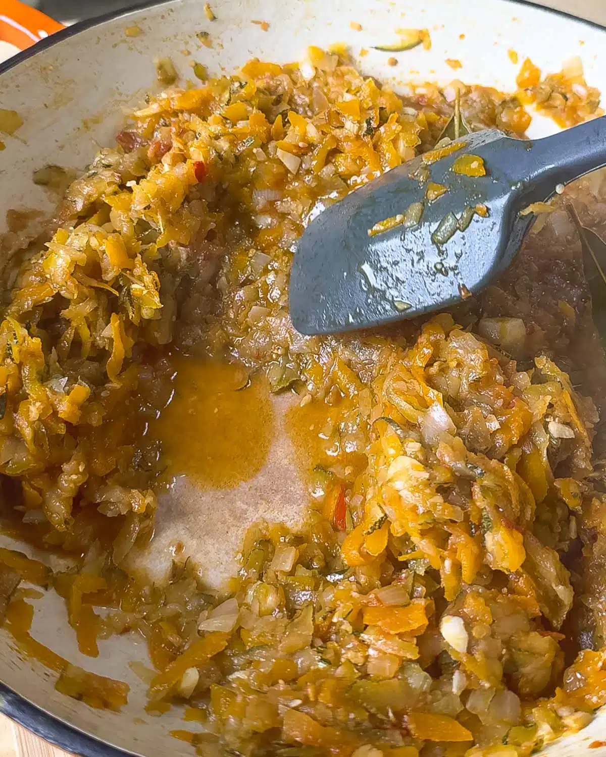 Cook slow and low until the vegetables melt into each other. Showing not quite ready to use.