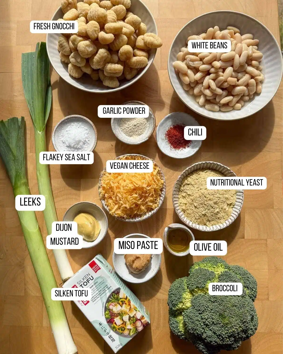 Ingredients for the gnocchi broccoli bake laid out ready to use.