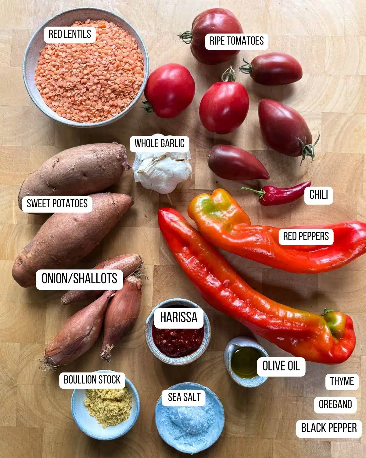 Ingredients for the roasted sweet potato and red lentil soup with harissa laid out ready to use.