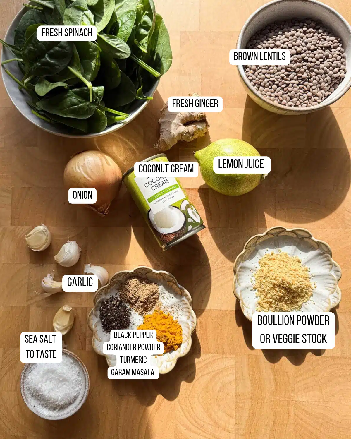 Ingredients for the lentil lemon and turmeric soup with lentils laid out ready to use.