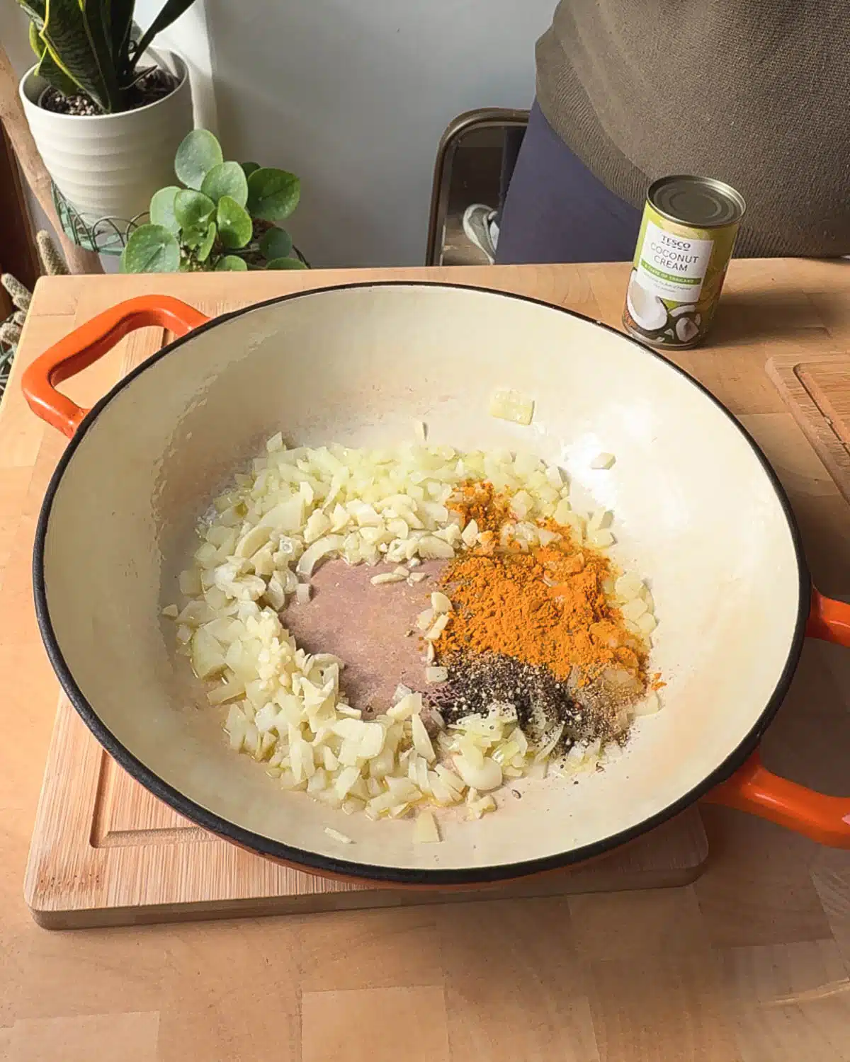 Sautee the onions and garlic then add the spices.
