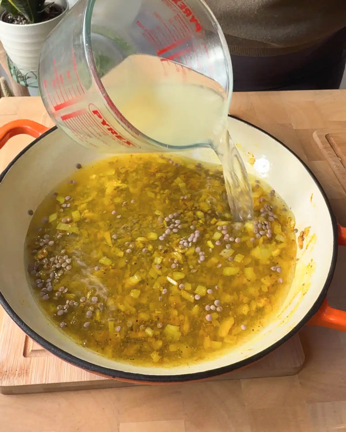Add the broth and cook the lentils until tender.
